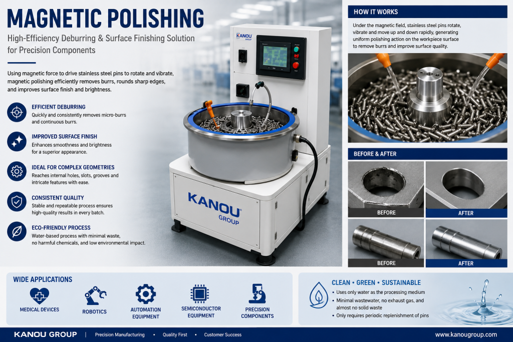 Learn how magnetic polishing technology removes burrs, improves surface finish, and enhances precision stainless steel components for medical devices, robotics, automation, and semiconductor applications.